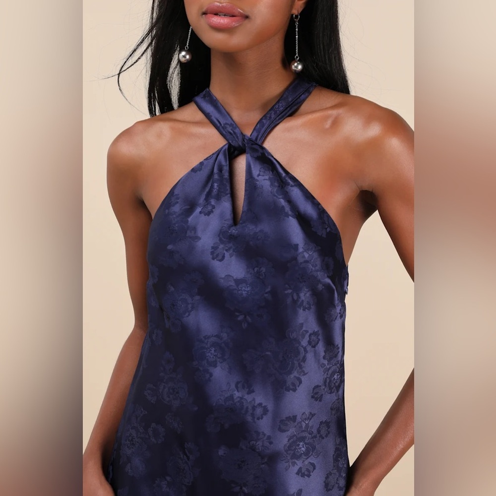 Lulus Got the Key Navy Satin Floral Jacquard Halter Mini Dress - Picture 4 of 9